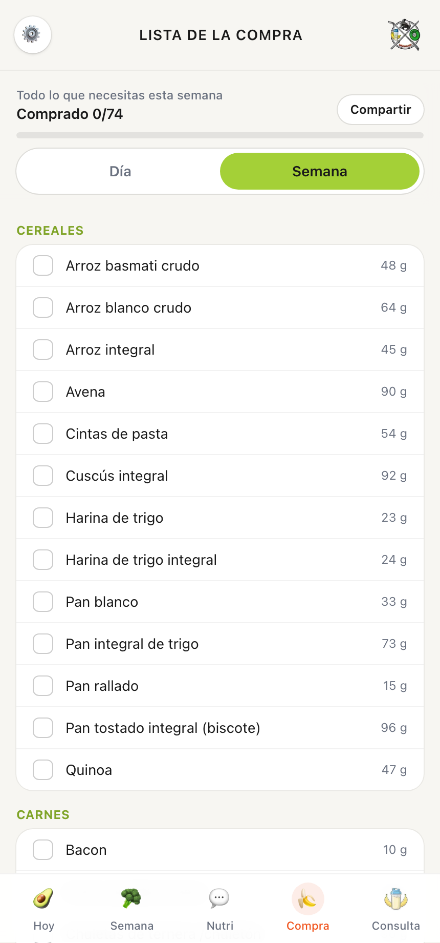 Lista de la compra de la semana en la app