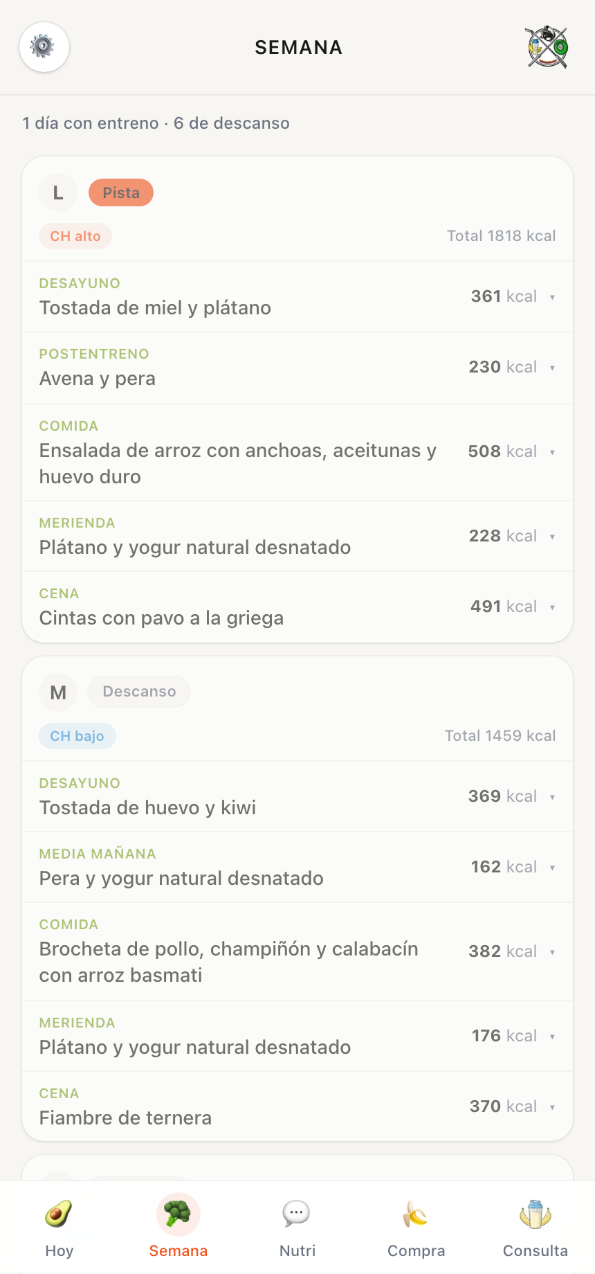 Vista de la semana periodizada en la app